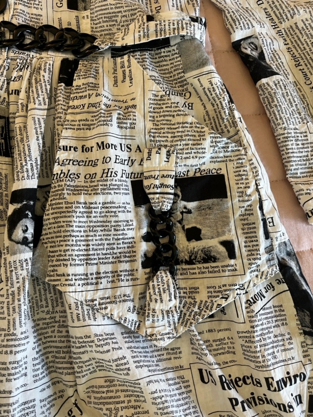 Unique 100% Cotton Newspaper Print Long Sleeve Button-up Dress - Black & White - Picture 3 of 12